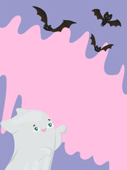 Charming vector illustration of a cute ghost interacting with friendly bats against a colorful background. The scene captures a playful, whimsical Halloween theme with adorable expressions.