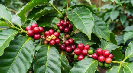 Obraz premium Vibrant Coffee Cherries Ripening on a Lush Branch, One Split to Reveal Beans.