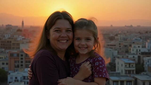 The older sibling embraces the younger sibling against the backdrop of a picturesque sunset in a metropolitan setting.