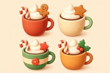 Festive Christmas Hot Chocolate Cups with Candy Canes and Holiday Decorations