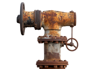Old rusty water pump stands alone, showcasing years of weathering and decay against a transparent backdrop of gigapixel standard