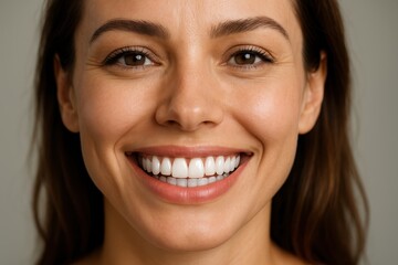 Obraz premium Radiant Smile: A close-up shot captures a woman's genuine smile, radiating warmth and joy, revealing a set of perfectly aligned, sparkling white teeth.
