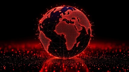 Futuristic glowing earth globe made of red dots over particle field in dark background, symbolizing technology, data, and global connection