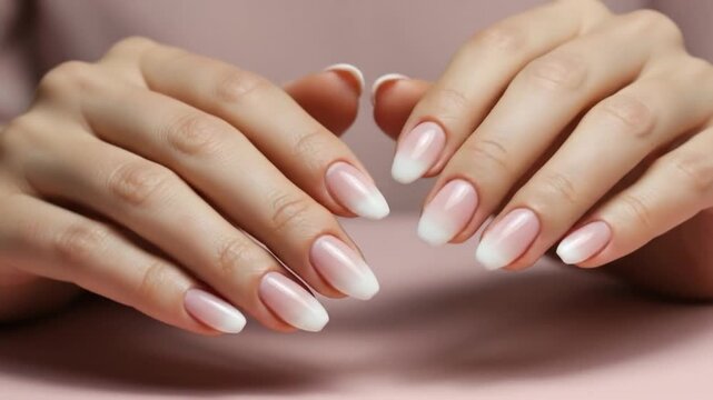 Elegant ombre manicure on smooth hands close up beauty and nail care on pink surface