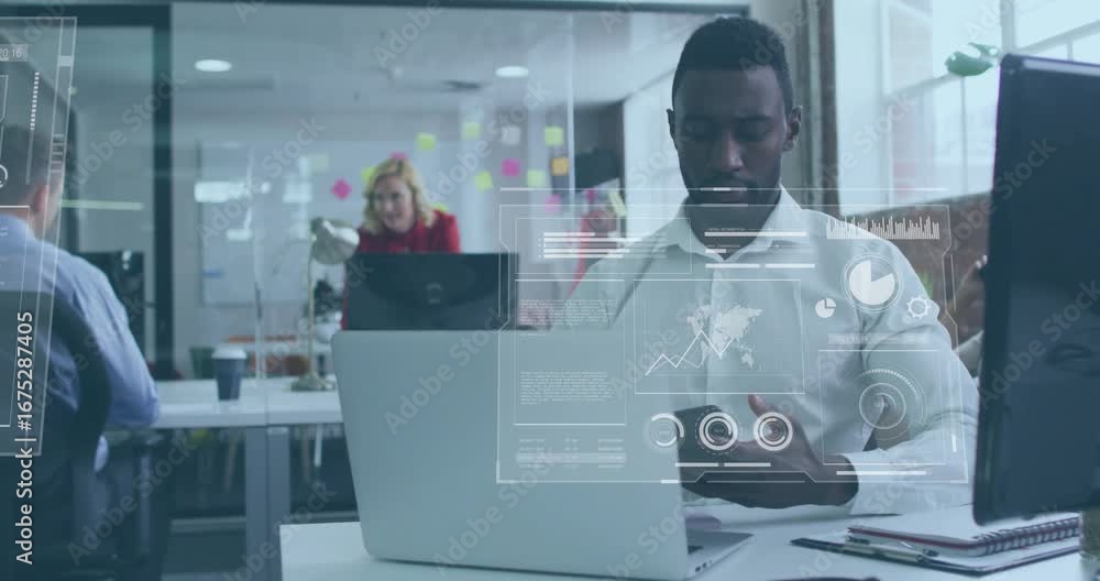 Poster it worker touching laptop and displaying data graphs while making smartphone call reviewing metrics