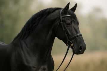 Obraz premium Majestic Black Horse Portrait: The sleek silhouette of a powerful black horse, adorned with elegant tack, gazes with noble composure in a captivating close-up portrait.