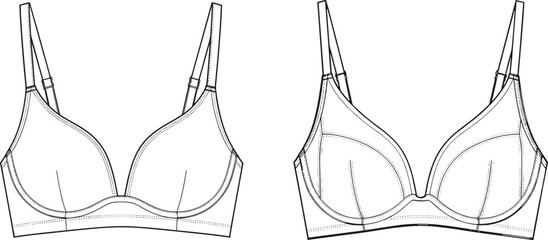 Bra flat sketch, lingerie technical drawing, underwire bra design, molded cup illustration, adjustable straps, fashion CAD, garment construction, apparel template, seamless bra 