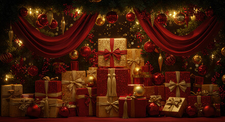 Rich Christmas arrangement of red and gold gifts, ornaments, and garland with warm glowing lights.