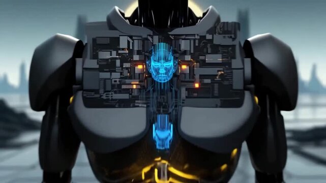 AI Robot Zooming camera into Wireframe Interface. AI systems, data flow, and automation illustration