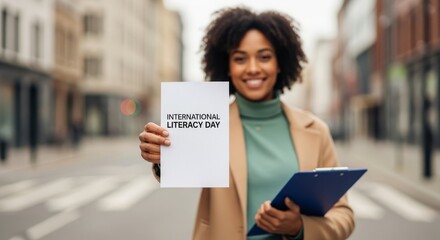 Happy African Woman Holding a Sign for International Literacy Day on a City Street.