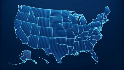 United States map with glowing neon borders and state outlines on dark blue background
