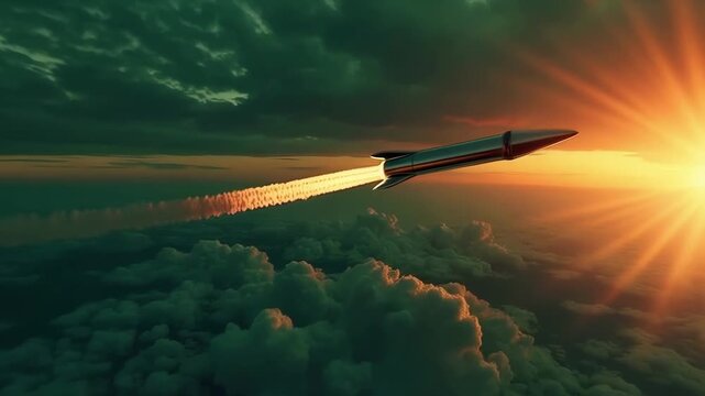 A missile with a nuclear warhead flies above the Earth, invincible force and danger