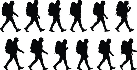 Silhouette of hikers walking with backpacks, outdoor trekking adventure, camping journey lifestyle, travel exploration, mountain hiking activity, fitness exploration concept illustration