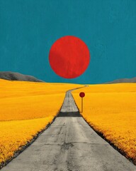 A paved road stretches through a vibrant yellow field, towards a large red sun