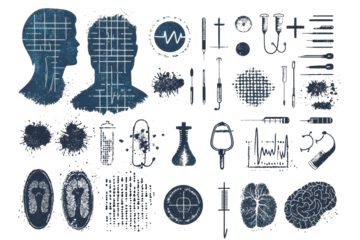 Healthcare and well-being concepts illustrated through halftone graphics, featuring medical tools, human profiles, and symbols of health