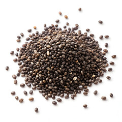 Single dried chia seed isolated on white background, highlighting its tiny size, speckled texture,