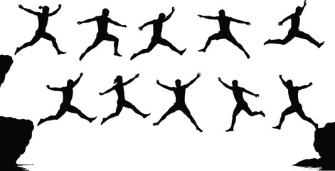 Silhouette of man jumping across cliff, success concept, freedom movement, risk challenge, courage leap, determination, adventure, business goal achievement