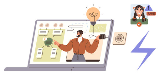 Man gesturing toward speech bubbles and charts on laptop screen, lightbulb plugged to outlet, face verification widget. Ideal for ideas, creativity, presentation, technology, energy, misinformation