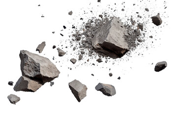 Broken stone debris creates an impact overlay demonstrating fragmentation and scattering under high resolution