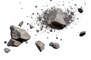 Broken stone debris creates an impact overlay demonstrating fragmentation and scattering under high resolution