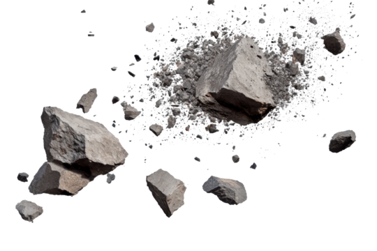 Broken stone debris creates an impact overlay demonstrating fragmentation and scattering under high resolution