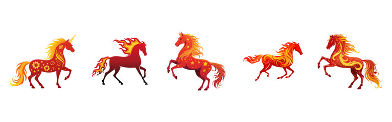 A set of reddish-orange horse illustrations in various running and dynamic poses, showcasing movement.