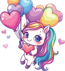 Obraz premium Adorable cartoon unicorn with rainbow mane holding a heart shaped balloon and floating with many colorful heart balloons