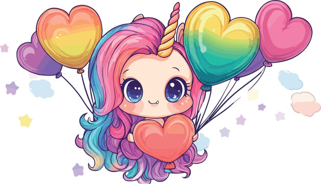Adorable kawaii unicorn character holding a heart shaped balloon surrounded by colorful heart balloons