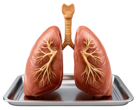 Human trachea and lungs with bronchi on silver tray detailed anatomical illustration medical concept respiratory system educational isolated realistic healthy