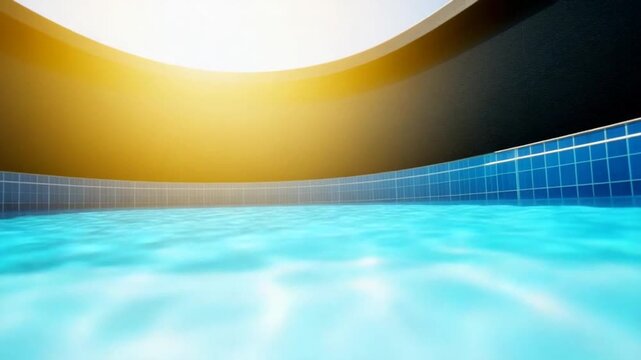 Sunlight reflecting on water surface in swimming pool with visible tile pattern. Abstract background texture. Summer vacation and relaxation concept. Design for wallpaper, banner, poster, header