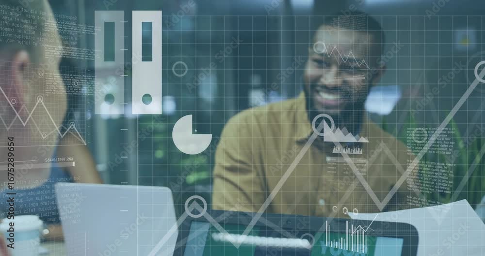 Poster male employee starting explaining data during office meeting generating evolving cloud bar graph