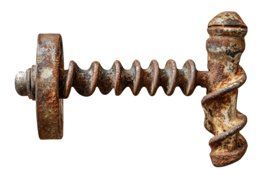 Rusty corkscrew on a transparent background showcasing its aged texture and intricate design ideal for vintage aesthetic projects or culinary themes