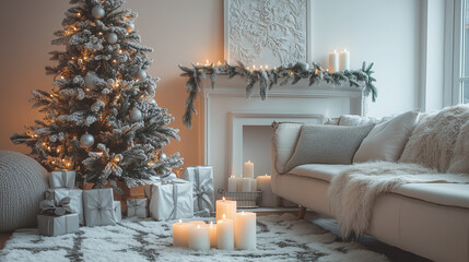 a living room with a white Christmas theme, flocked tree, silver garlands, glowing candles