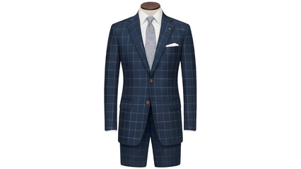 Elegant blue plaid suit with tie, ready for a professional event