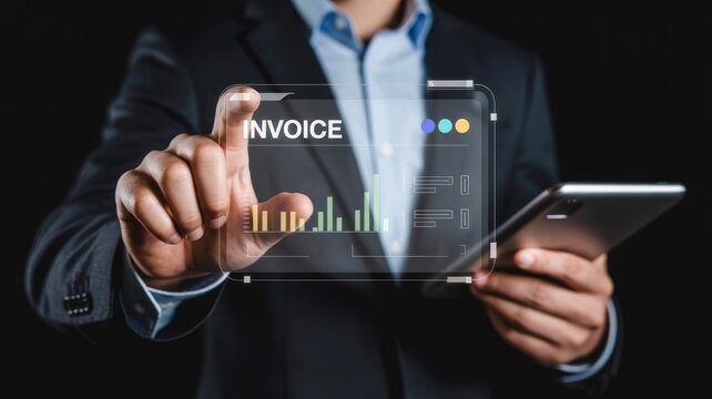 Professional analyzes company invoice data with augmented reality interface and mobile phone for financial insights