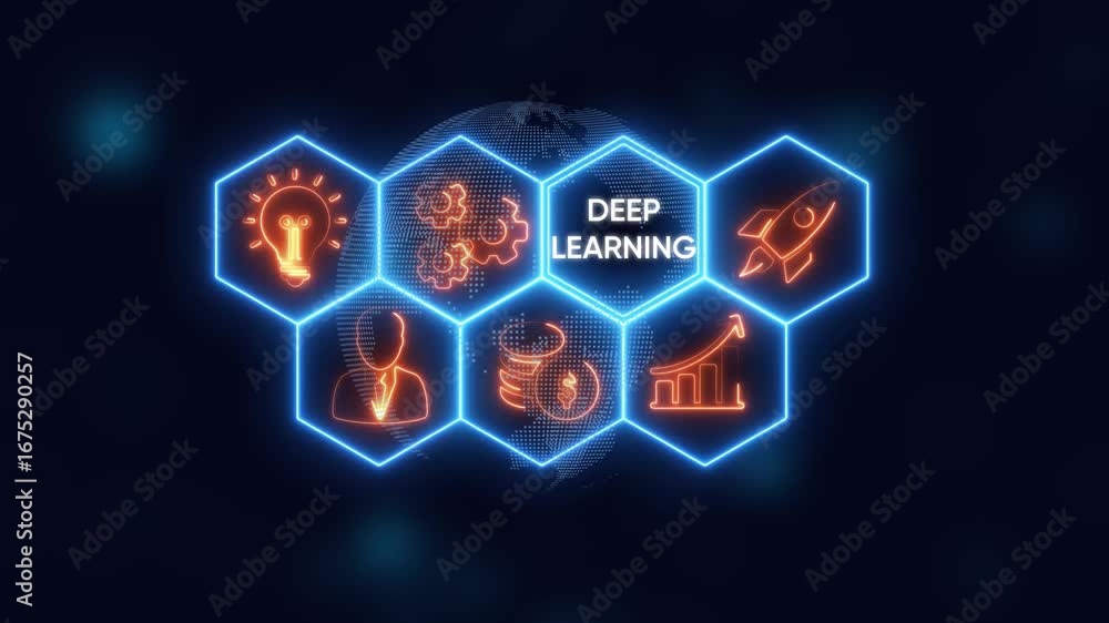Aufkleber deep learning concept with glowing neon icons in hexagonal frames on a digital globe background arti