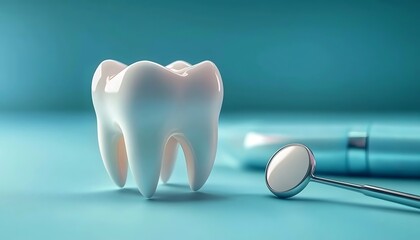 A white tooth model with a dental mirror on a blue background. 
