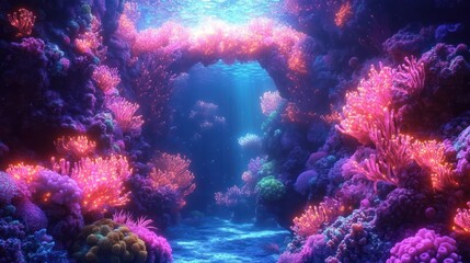 Underwater coral cave illuminated by soft sunlight with vibrant glowing corals in shades of pink, purple, and orange creating a magical radiant marine environment