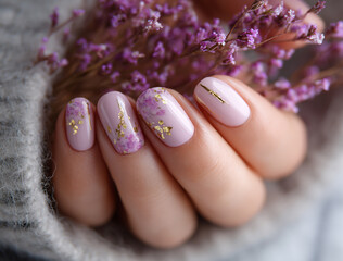 Woman s hand with elegant lavender and gold leaf nail art holding lavender flowers