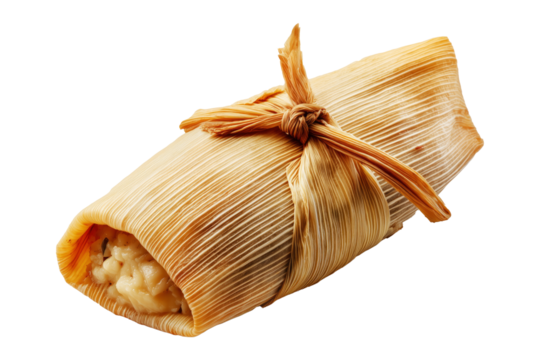 Venezuelan tamales wrapped in corn husk, tied with rustic rope, isolated on white transparent background, representing traditional South American cuisine