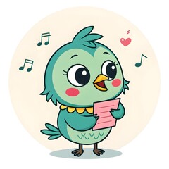 Adorable Chibi Little Quetzal Chick Joyfully Singing With A Shiny Candy Note, Cute Cartoon Baby Bird Illustration With Playful Pastel Details, Perfect For Kawaii Art And Whimsical Decor