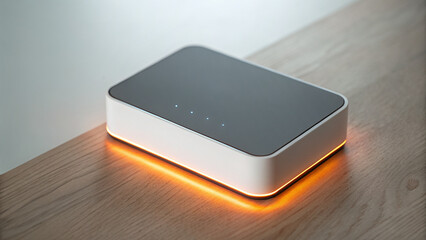 Modern wireless internet router with LED lights on wood desk in minimalist technology setup