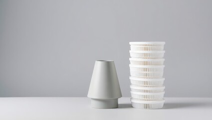 A gray cone shaped object and a stack of white circular objects on a white surface against a gray wall