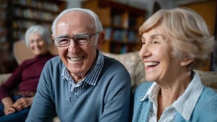 Radiant Seniors: A warm, inviting close-up of smiling elderly individuals, laughing together, embodying the joy and companionship of life's later years.