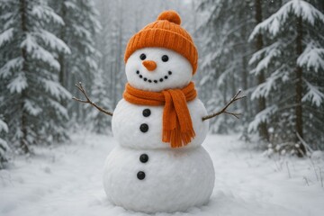 Fototapeta premium Cozy Winter Wonderland: A cheerful snowman with carrot nose, button eyes, and twig arms stands in a snowy forest, embracing the magic and beauty of winter.