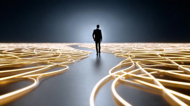 Path of Perseverance: A lone figure navigates a complex maze of intertwined luminous lines, symbolizing the journey through obstacles, towards a bright, hopeful destination.