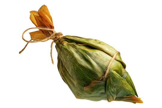 Venezuelan tamales wrapped in corn husk, tied with rustic rope, isolated on white transparent background, representing traditional South American cuisine