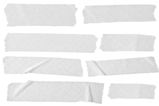 White Adhesive Masking Tape Set Isolated on Transparent Background – Torn Sticky Tape Strips, Wrinkled Ripped Scotch Tape Pieces, Realistic Design Elements PNG Cutout