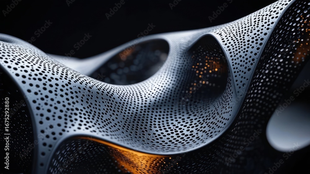 Poster close-up view of a smooth, wavy metallic surface with evenly distributed circular perforations illum