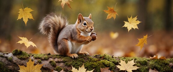 Fototapeta premium Squirrel holding acorn while sitting on mossy log in autumn forest 